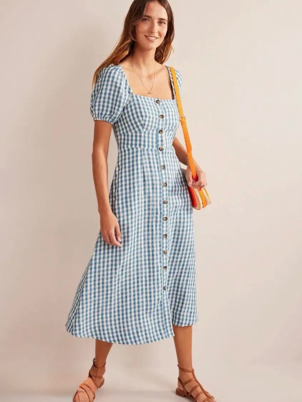 Boden Blue Gingham Button-Front Midi Dress